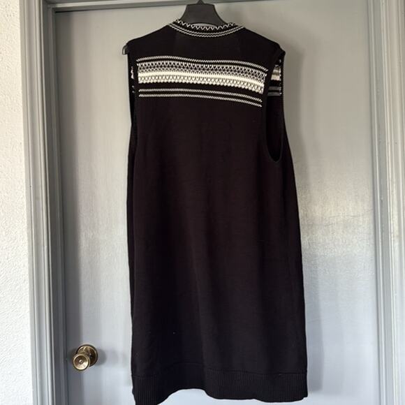 Black White Aztec Southwestern Women's Open Sweater Vest Duster 100% Cotton sz L - Picture 2 of 5